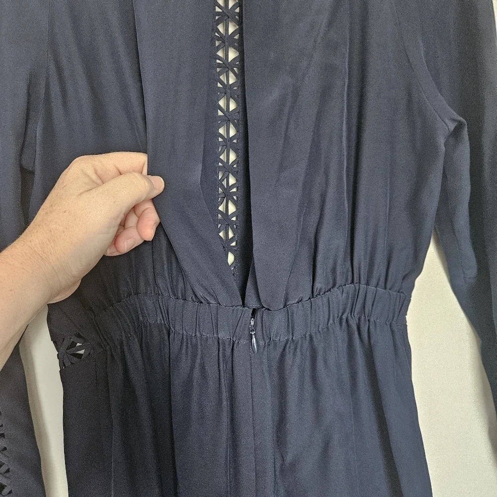 JONATHAN SIMKHAI | Silk Navy Blue Crossbar Romper Jumpsuit | Size S